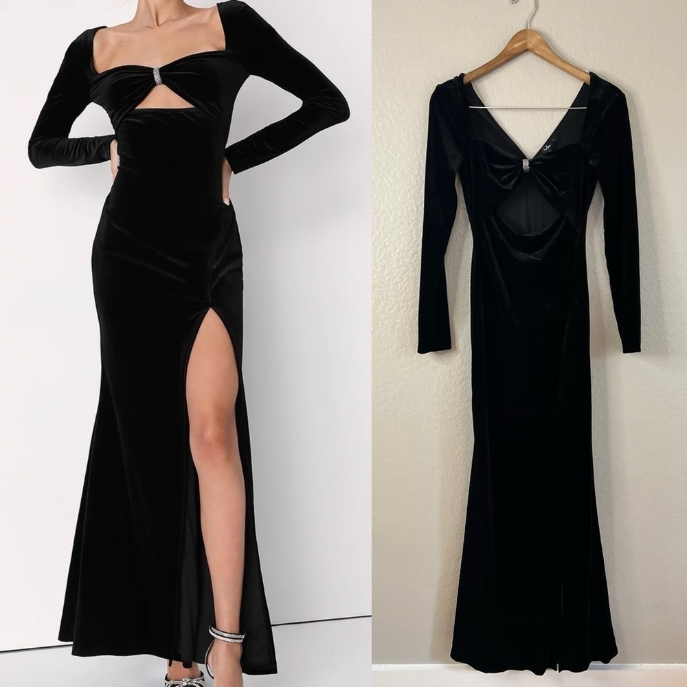NWOT Hollywood Heyday Black Velvet Long Sleeve Mermaid Maxi Dress